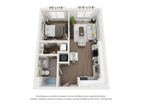 Floor plan for 1 bed, 1 bath, 620 sqft